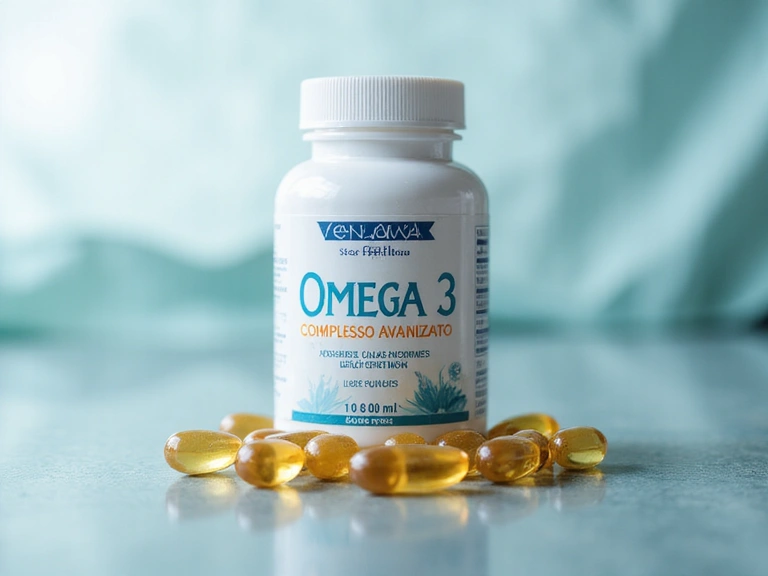 Immagine principale di Venarixy Omega 3 Complesso Avanzato, con capsule e ingredienti naturali su sfondo chiaro.