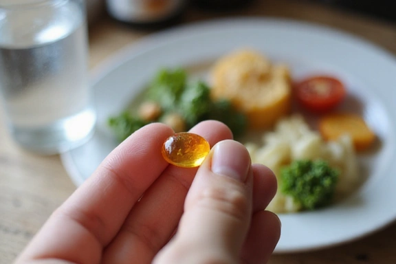 Mano che tiene una capsula di Omega 3, con un bicchiere d'acqua e cibo sullo sfondo.