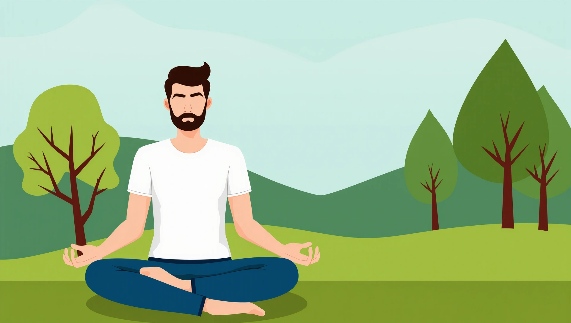 Paesaggio naturale sereno con un uomo in salute e rilassato che pratica mindfulness all'aperto, simbolo di benessere maschile